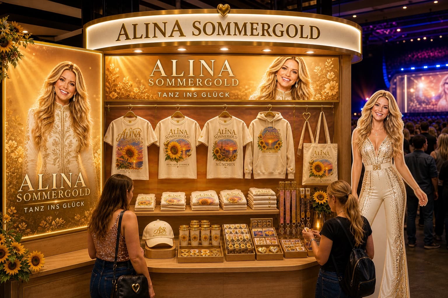 Merchandise-Stand für den fiktiven Schlager-Act Alina Sommergold